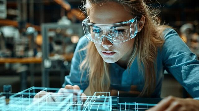 Focused Female Engineer Designing Futuristic Technology 