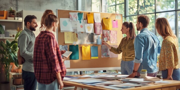 A creative team collaborating in a vibrant studio, surrounded by fabric swatches, sketches, and mood boards for a new campaign