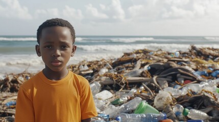Young boy standing near a polluted beach with plastic waste, emphasizing environmental issues