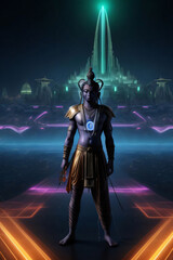 Fototapeta premium A futuristic warrior man dances with a flaming sword under a dark, smoky sky