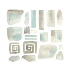 Abstract  print with  geometrical shapes on white background. Watercolor  plant.