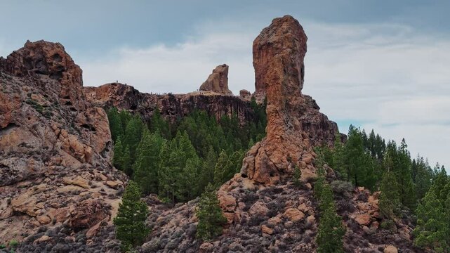 Roque Nublo in Gran Canaria with breathtaking views of nature and rock formations. Aerial view of Roque Nublo