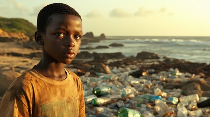 Portrait of a young boy surrounded by plastic waste on a polluted beach during sunset