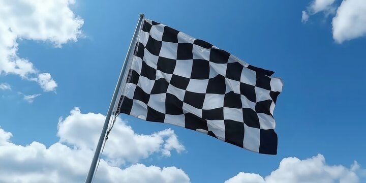 A large chequered flag is being waved on a windy day against a blue sky background