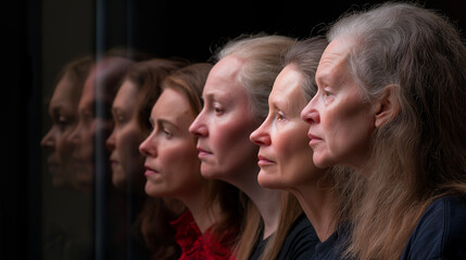 Woman, aging and transformation for profile, timeline and age progression for beauty or skin care. Person, face and time for change, evolution or growth on life experience or years