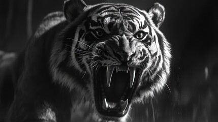 Obraz premium A snarling tiger in monochrome, close-up.