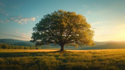 Fototapeta premium There is a lone tree in a field with a mountain in the background