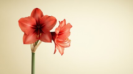 Obraz premium A solitary red amaryllis flower set against a soft beige background, close-up shot, Minimalist style