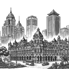Obraz premium cityscape, tall skyscrapers, historic buildings, waterfront boats, modern and classic architecture sketch engraving generative ai vector illustration. Scratch board imitation. Black and white image.