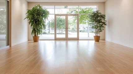Empty modern room with large windows and hardwood floors.