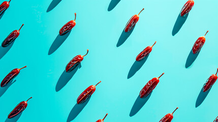 Repeating Pattern of Red Chili Peppers on Blue Background