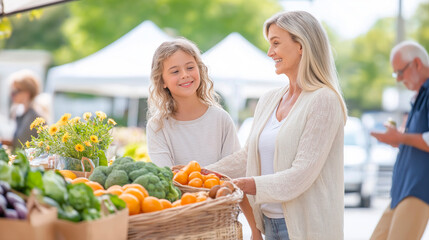 Woman, child and shopping at farmers market for healthy, organic food, local trade. Grandmother, granddaughter and caucasian family buying vegetables, fresh product, nutrition, sustainable lifestyle