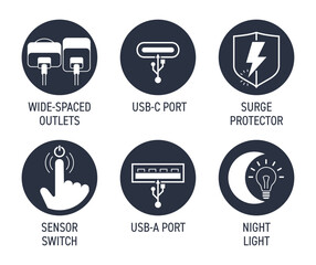 Smart socket extender characteristics icons set in circular shape