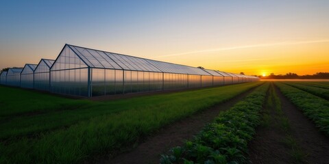 A wide-angle shot of a row of large, modern greenhouses on a rural farm, their glass panels reflecting the golden hues of sunrise
