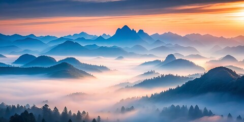 Obraz premium Serene Sunrise Over Misty Mountain Ranges, A Breathtaking Panorama of Nature's Majesty