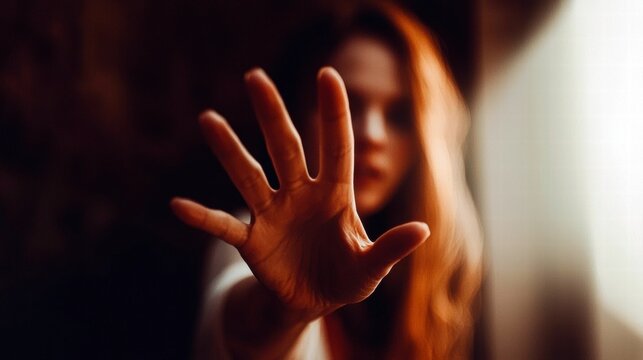A young Caucasian woman reaches out with her hand, expressing vulnerability and emotion.