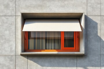 Obraz premium Modern window with orange frame and white awning, set in a concrete wall. Ideal for architecture, design, and real estate projects showcasing contemporary building styles.