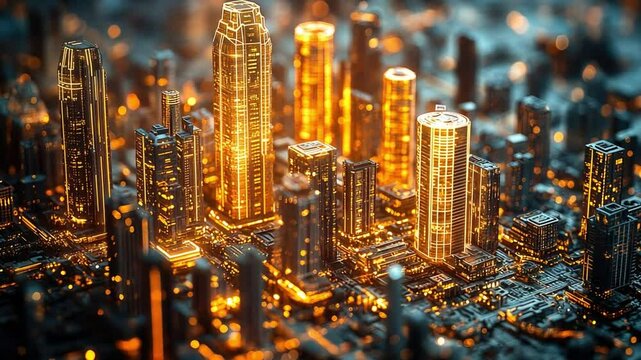 A City of Light: A breathtaking abstract cityscape, rendered in a captivating blend of metallic textures and glowing lights, evokes a sense of futuristic urban dynamism. 