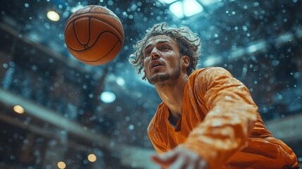 Basketball player dribbling in rain.