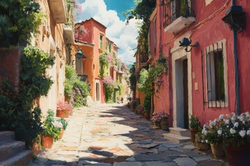 Fototapeta premium A serene cobblestone alleyway is adorned with brightly colored houses, flourishing plants, and blooming flowers. Sunlight bathes the scene, creating a tranquil atmosphere