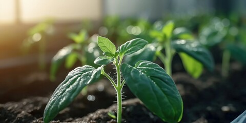 A close-up of freshly sprouted tomato plants growing inside a greenhouse