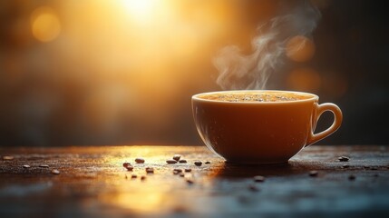 Obraz premium Warm coffee cup on wooden table at sunset.