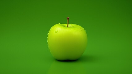 A green apple with water droplets, on a green background.


