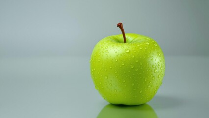 A green apple with water droplets, sitting on a light gray surface.

