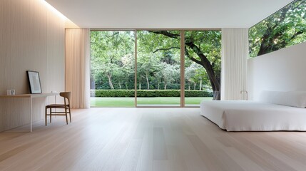 Obraz premium Minimalist bedroom with large windows overlooking a lush garden.