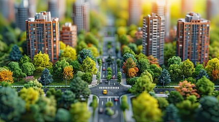 Obraz premium A miniature cityscape with vibrant greenery and urban buildings, showcasing a serene environment.