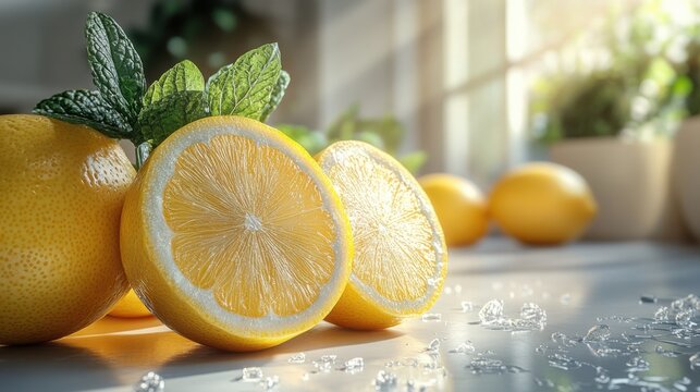 Fresh lemons and mint leaves on table. - Powered by Adobe