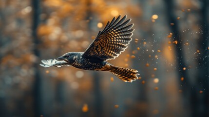 Fototapeta premium Bird in flight, wings spread, autumn forest background, catching food.