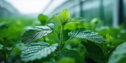 A dynamic shot of strawberry plants growing in inside a high-tech greenhouse