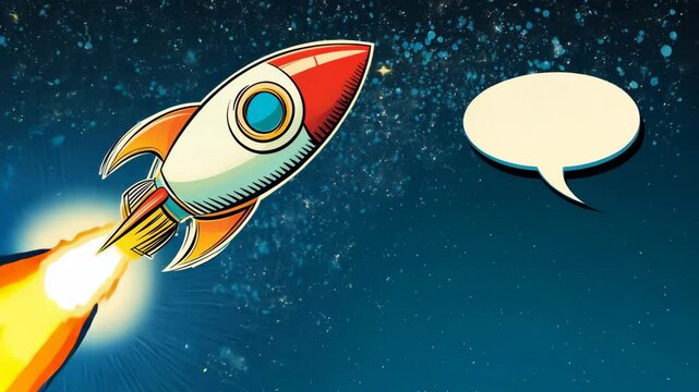 Vintage rocket launches into space with a blank speech bubble for customizable text in a cosmic background