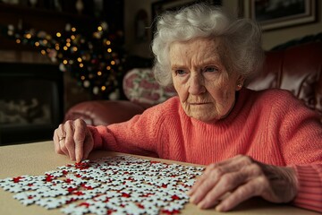 Elderly Woman Doing Jigsaw Puzzle at Christmas