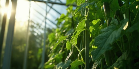 Obraz premium A low-angle shot from inside a greenhouse filled with tall, healthy cucumber plants climbing up trellises