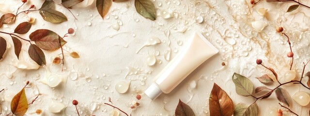 cosmetic tube on wet background of plants.