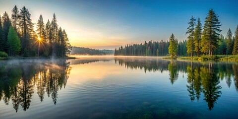 Obraz premium Serene Sunrise Over a Misty Lake with Pine Trees Reflected in the Still Water