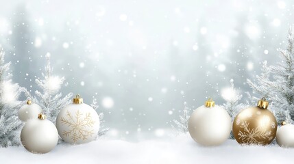 Winter festive banner featuring white and gold Christmas tree ornaments on a frosty background