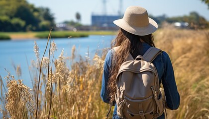 Traveling lady with rucksack and straw cap looking at tropical waterway at sunny day