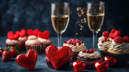 desserts from hearts and glasses of champagne.