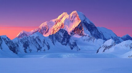 Fototapeta premium Majestic mountain peak bathed in golden sunrise light over a vast expanse of snow-covered arctic landscape.
