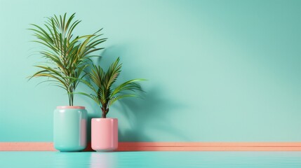 Modern pastel decor with potted plants against a blue and pink wall