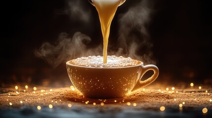Pouring milk into steaming coffee cup.