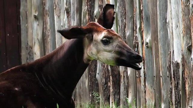 Okapi resting in lush green grass near a wooden fence at a wildlife sanctuary in the afternoon sun, slow motion