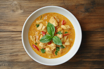 A bowl of tom yum soup served on a table.