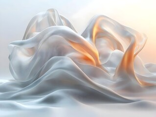 Obraz premium A mesmerizing abstract composition of flowing, translucent fabric-like waves in soft hues of white and pastel orange, creating a serene and ethereal atmosphere.