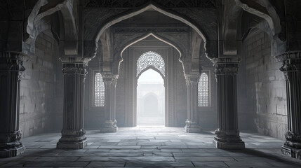 A stone archway leads to a dimly lit, ornate hall..