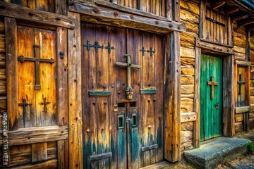 Rustic Building Bird's Eye View: Weathered Wooden Doors, Crosses, Aerial Photography