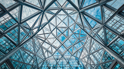 Geometric glass structure with a cloudy sky view..